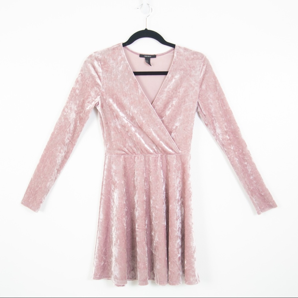 Forever 21 Pink Crushed Velvet Mini Skater V-Neck A-Line Dress